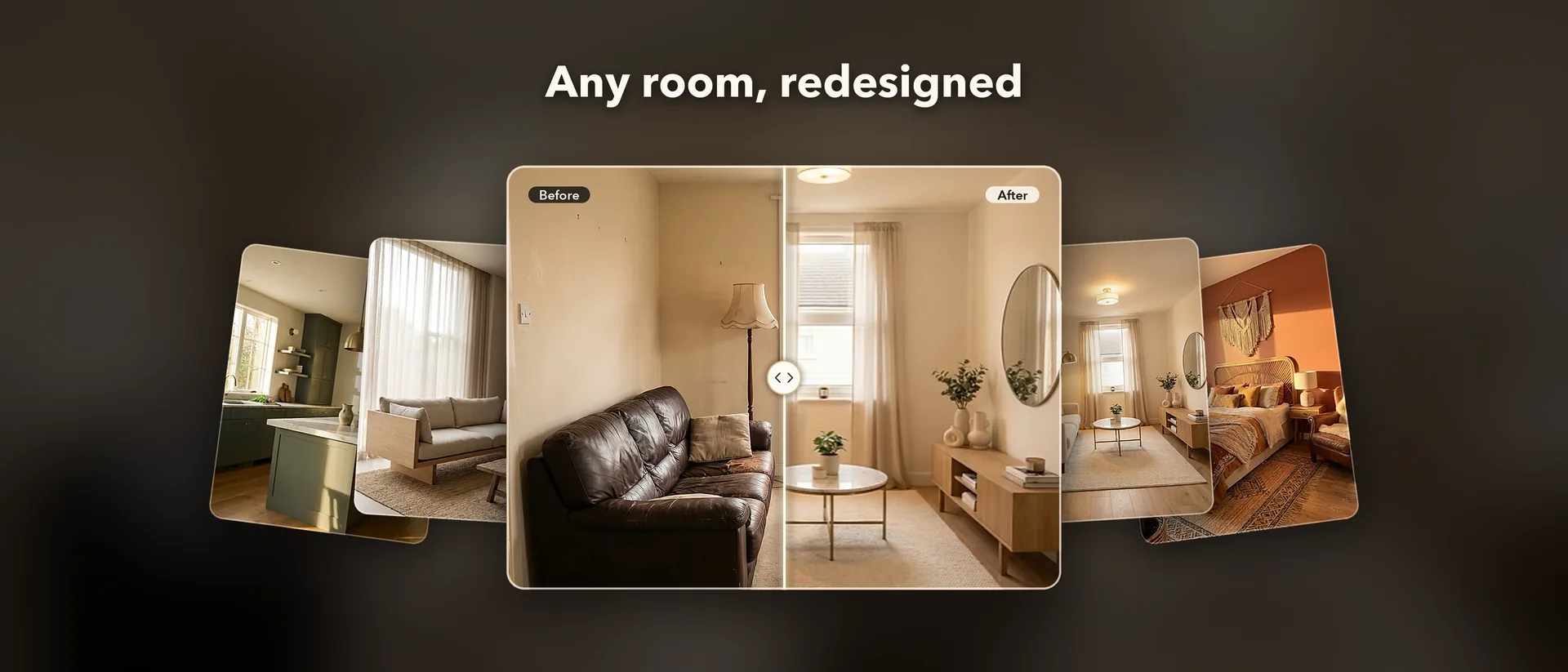 Homiva AI product page header, 21:9: a before-and-after living room in the center, more redesigned rooms on both sides, and the line “Any room, redesigned”