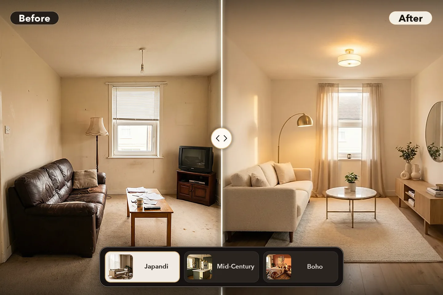 Homiva AI search result image, 3:2: the same room before and after, with Japandi, Mid-Century and Boho style tiles