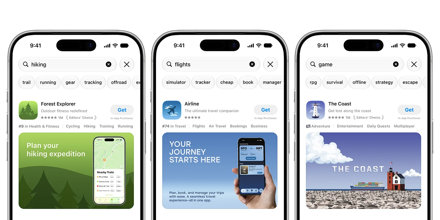 Apple’s App Store search result examples: route planning for Forest Explorer, flight information for Airline, and the game world of The Coast.