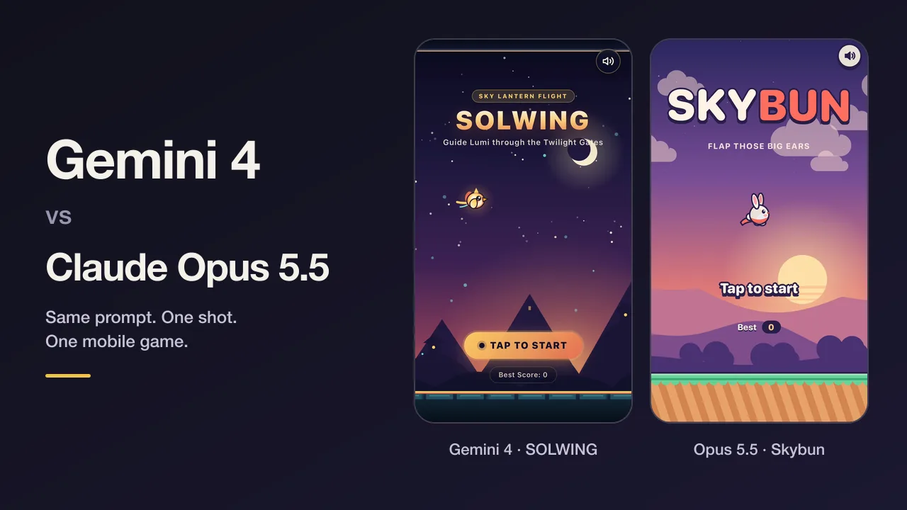 Kapak: Gemini 4 vs Claude Opus 5.5. Same prompt, one shot, one mobile game. Yan yana iki telefon başlangıç ekranı: Gemini 4’ün SOLWING’i ve Opus 5.5’in Skybun’ı.